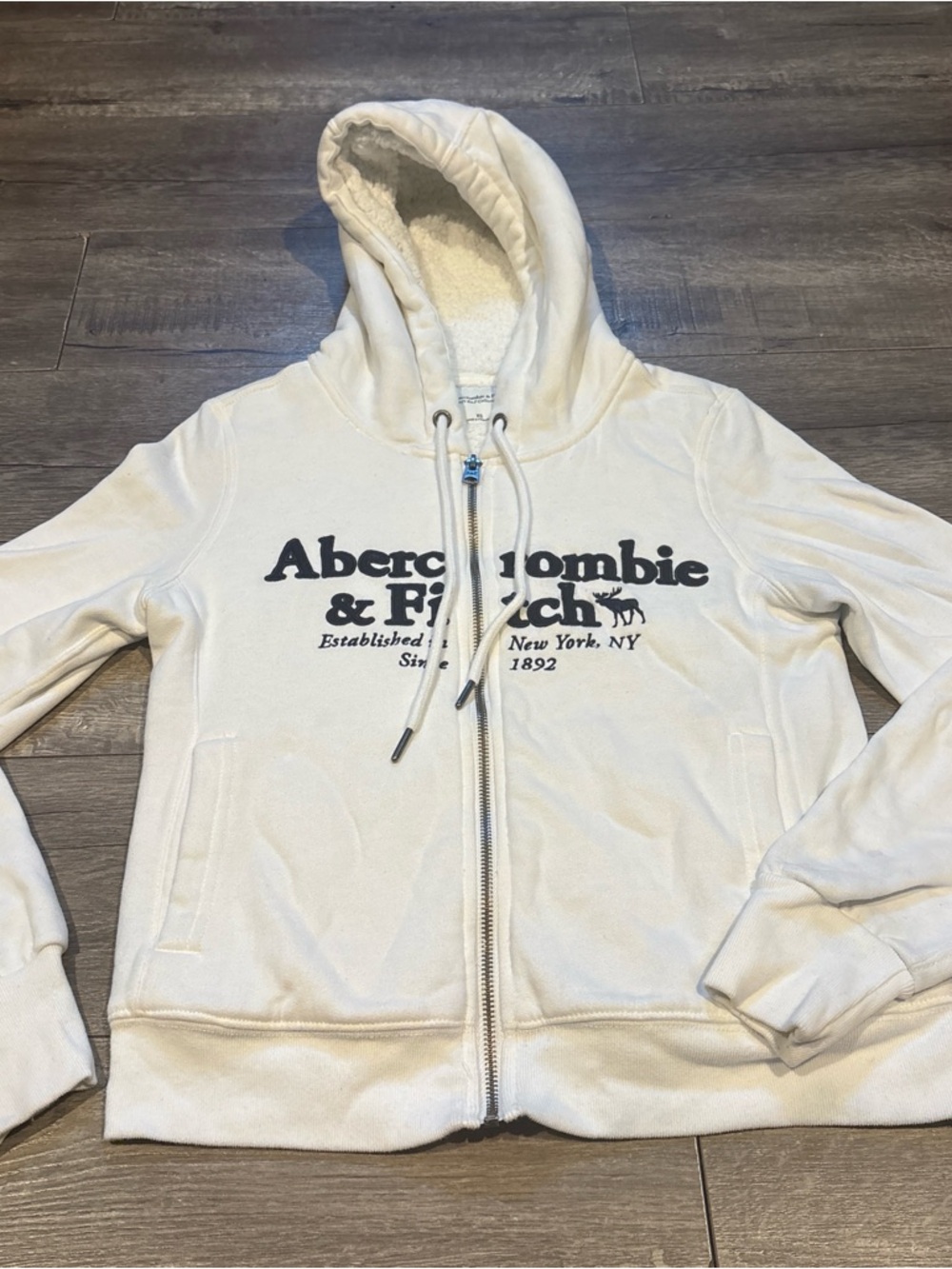 Abercrombie & Fitch Cream Sherpa-Lined Hoodie with Drawstring